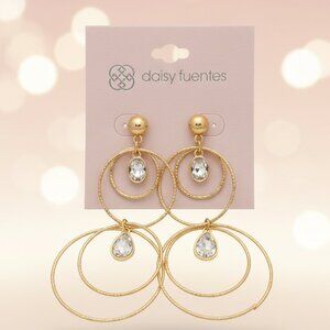 Daisy Fuentes Gold Tone Double Hoop Drop Earrings Clear Crystal Teardrop 3 In